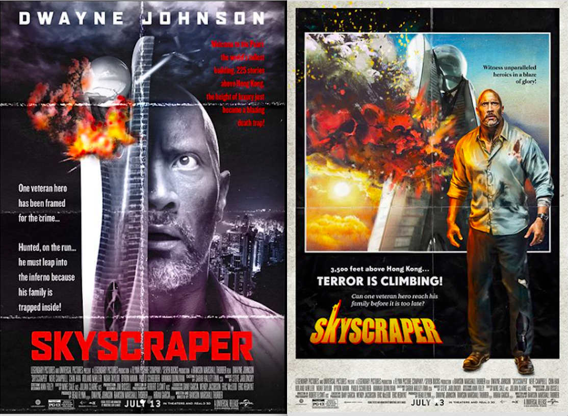 "I had these ultra cool vintage posters made paying homage to the two classic movies that inspired me and generations, and became the inspiration for our film SKYSCRAPER.  My respect & luv to the GOAT’s - Willis, McQueen & Newman. #DieHard #ToweringInferno" – Dwayne Johnson