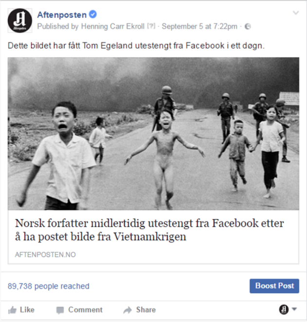 Tämä ei Facebookille kelvannut. Kuvakaappaus Aftenpostenin Facebook-seinältä.