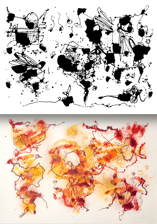 Teokset Treaty of Jeddha (yllä) ja I watched the shadow of our plane hastening below us toimivan hienoina esimerkkeinä Egsin abstrakteista kartoista. Alkujaan kartat olivat poikkeuksetta mustavalkoisia, mutta vähitellen niihin on ilmestynyt myös väriä. Kaikuja Egsin graffititaiteesta löytyy myös kartoista, joihin taiteilija maalaa aina nimikirjaimensa. Kiinnostunut katsoja voi aloittaa vaikka paikallistamalla Amerikan mantereiden muodostaman e-kirjaimen.