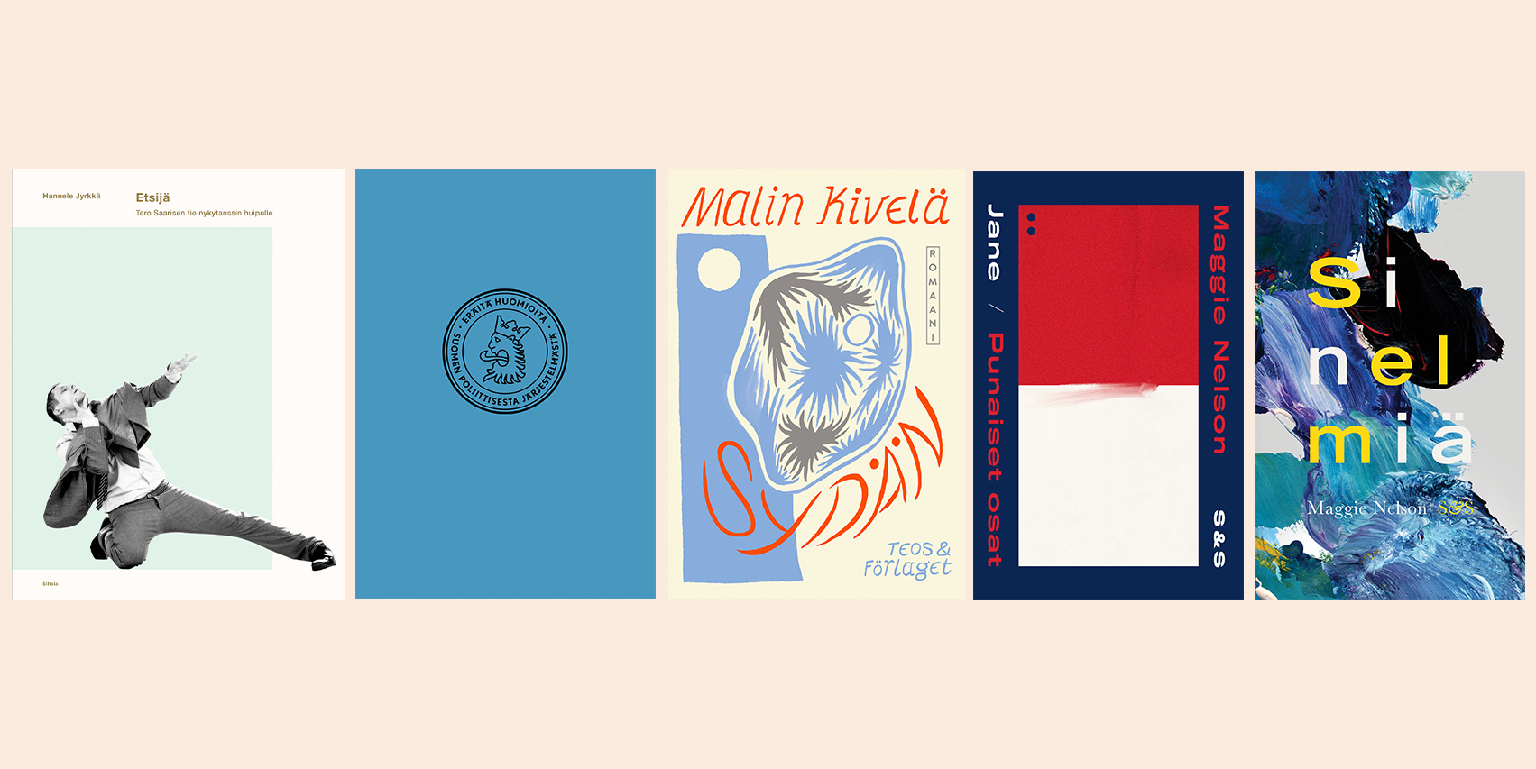 Viisi kirjankantta aseteltuna riviin vierekkäin.