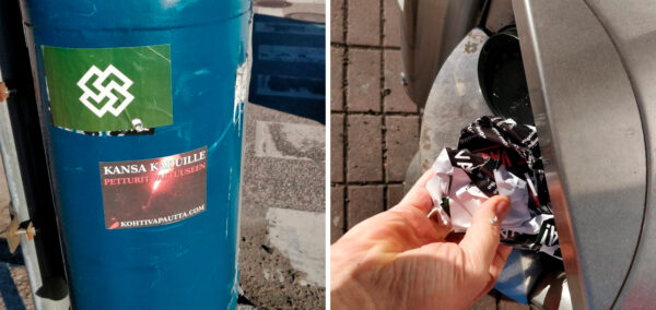 Kaksi kuvaa vierekkäin: toisessa natsitarroja roskiksen kyljessä, toisessa kuvassa käsi laittaa rypistettyä flaikkua roskiin.
