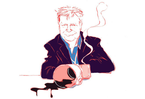 Kuvitus, jossa Markku Tuhkanen ja pöydälle kaatunut kahvi.