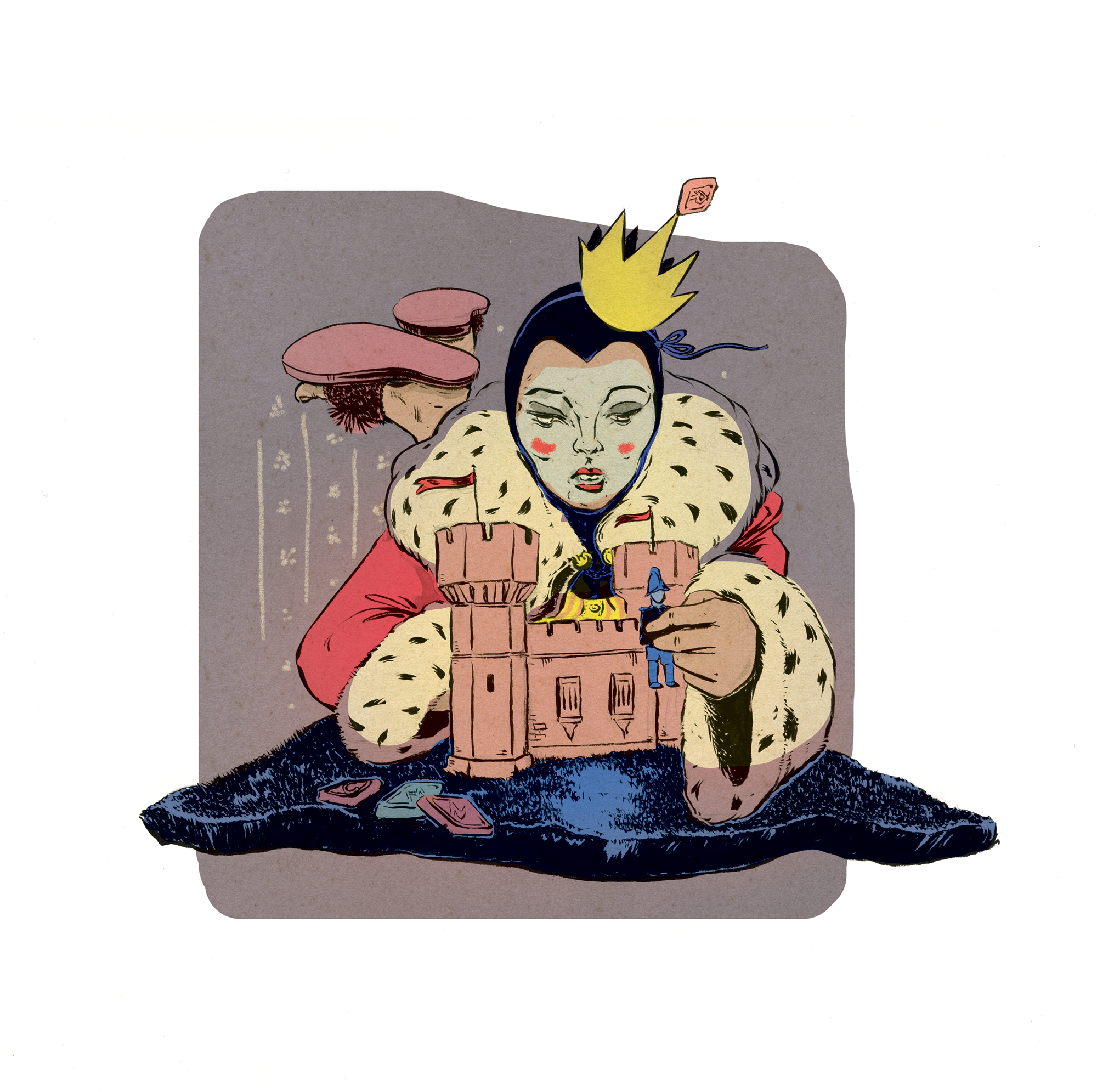 Kuvituksessa kruunupäinen hahmo leikkii linnalla ja tinasotilaalla.