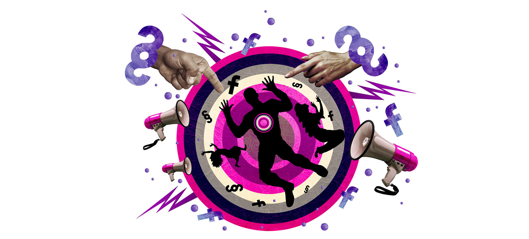 Kuvituksessa keskellä maalitaulua ihmishahmoja, joiden ympärillä osoittavia sormia ja some-kalustojen logoja.