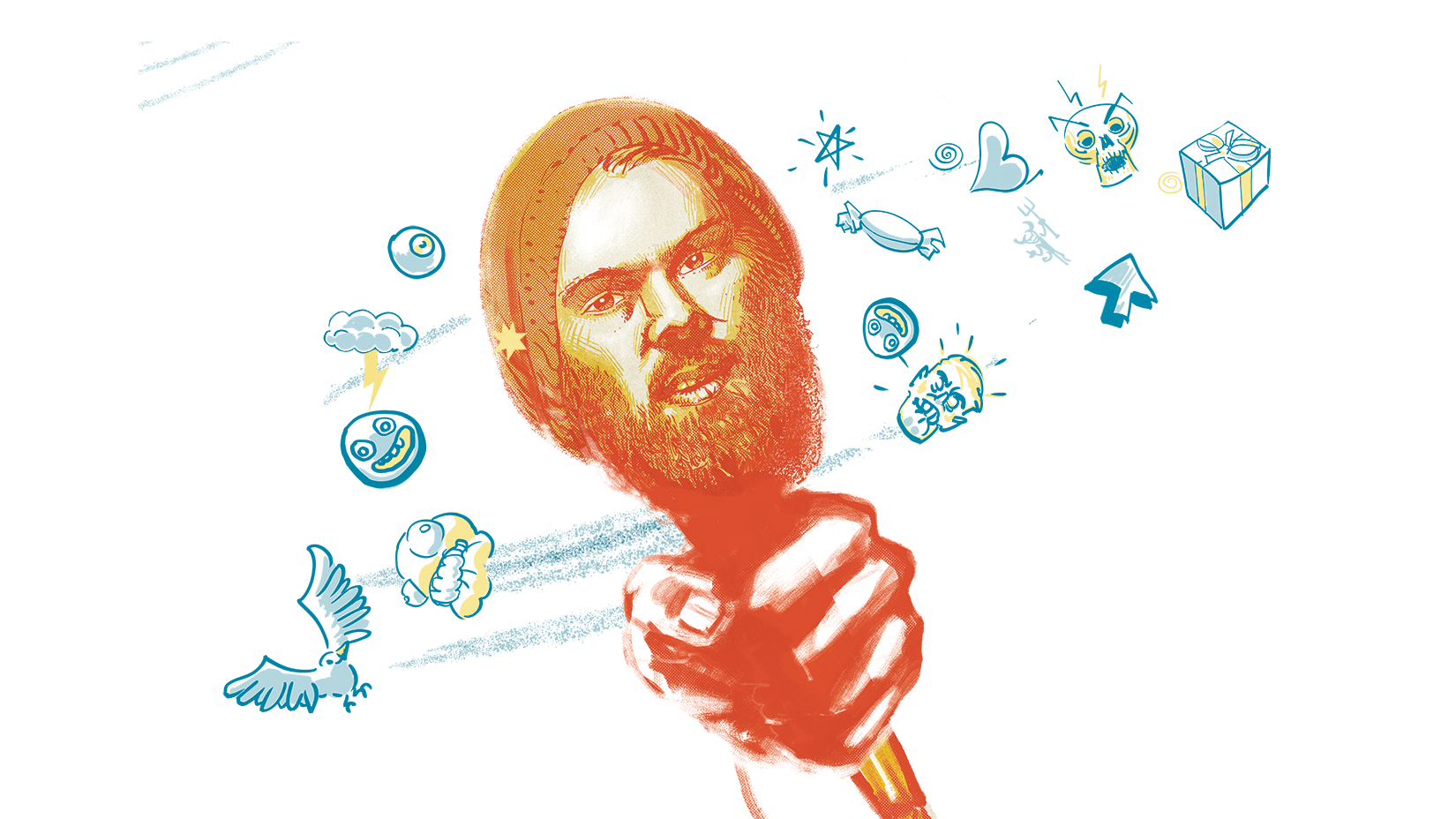 Kuvituksessa Iikka Kiven pää muodostaa mikrofonin jota pitelee käsi. Ympärillä symboleita.