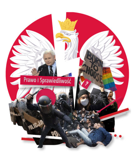 Kollaasissa esimerkiksi mellakkapoliiseja, mielenosoittajia, puhuva Jarosław Kaczyński.