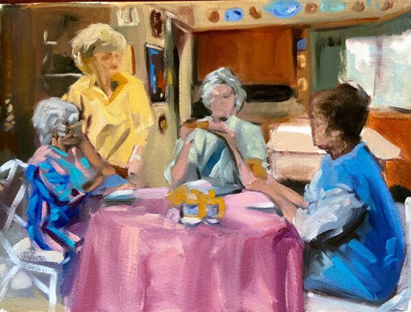 Maalaus. Neljä naista istuu yhdessä pöydän äärellä.