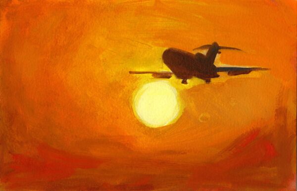 Maalaus oranssista taivaasta. Keskellä aurinko. Taivaalla lentää tumma lentokone.