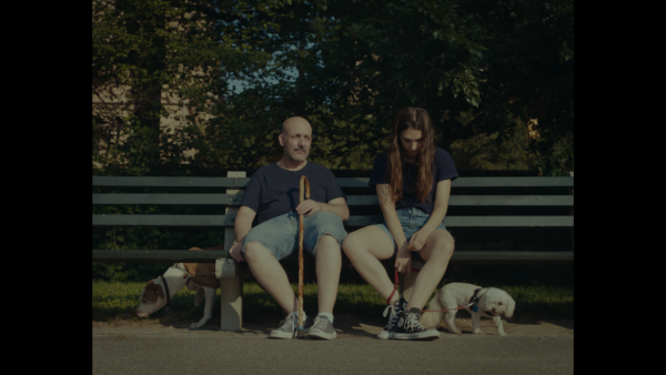 Nainen ja mies istuvat puistonpenkillä hihnassa ulkoiluttamiensa koirien kanssa