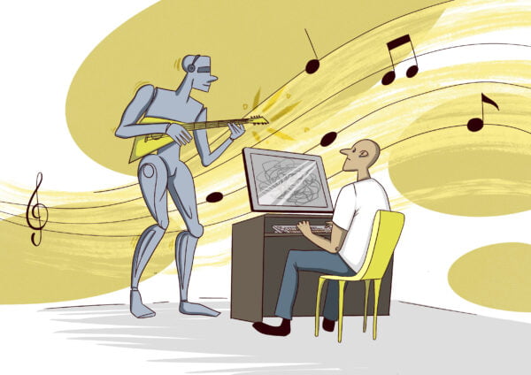 Kuvituksessa robotti soittaa kitaraa tietokoneen ääressä istuvalle henkilölle.