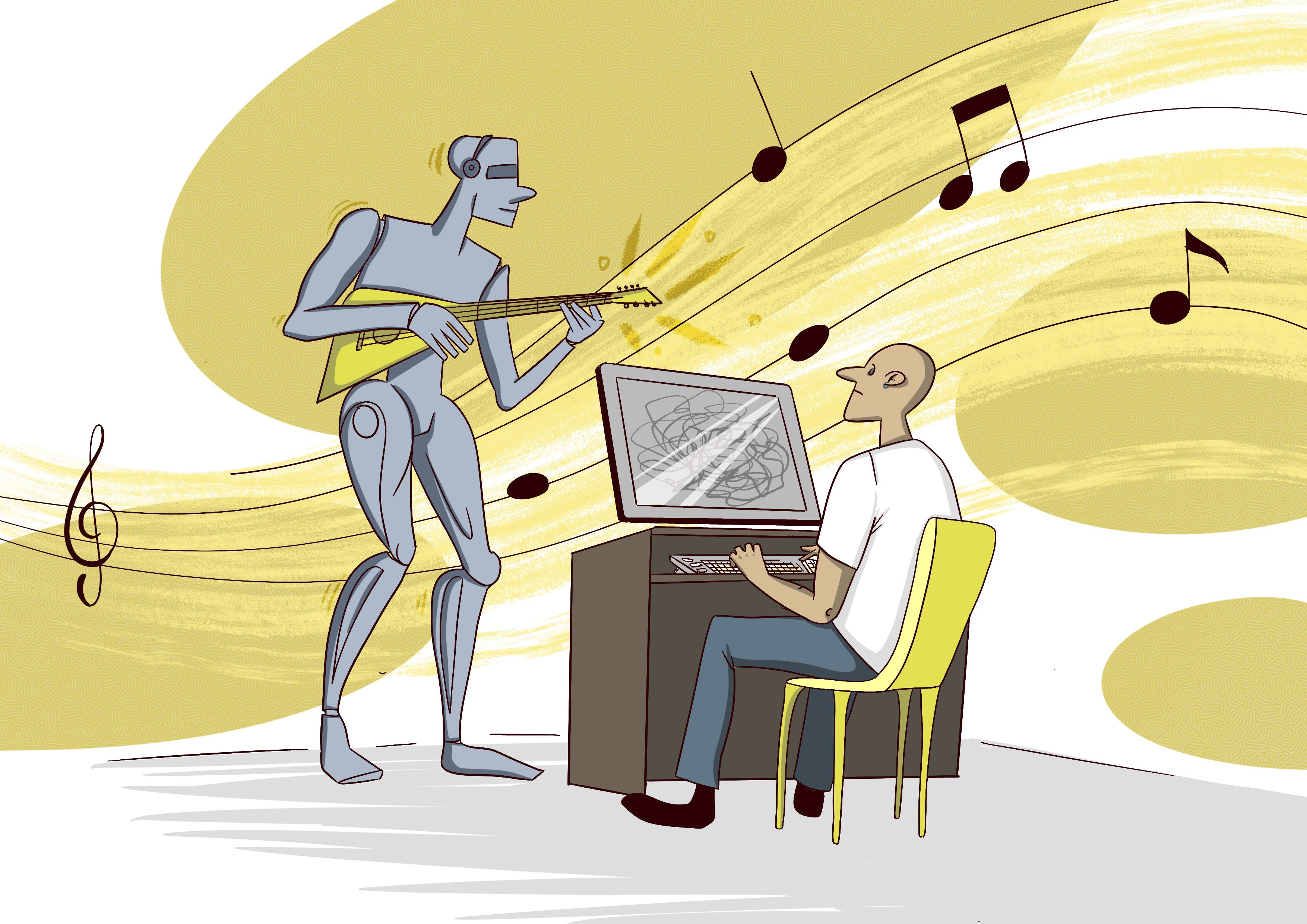 Kuvituksessa robotti soittaa kitaraa tietokoneen ääressä istuvalle henkilölle.