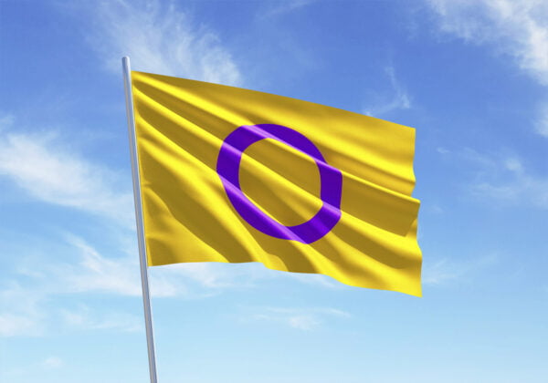 Intersukupuolisuuden lipussa violetti ympyrä keltaisella pohjalla.