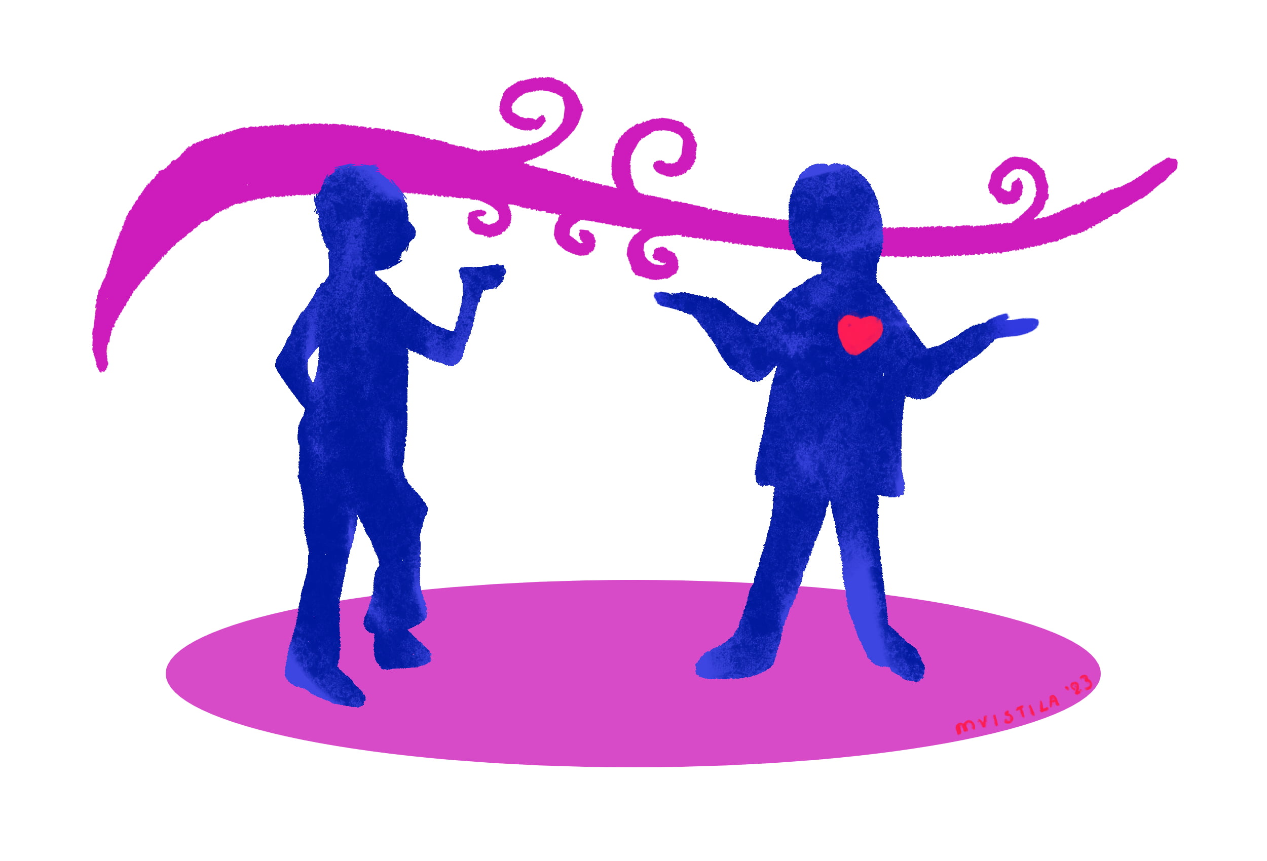 Kuvituksessa kaksi ihmistä keskustelevat, toisella punainen sydän rinnassa.