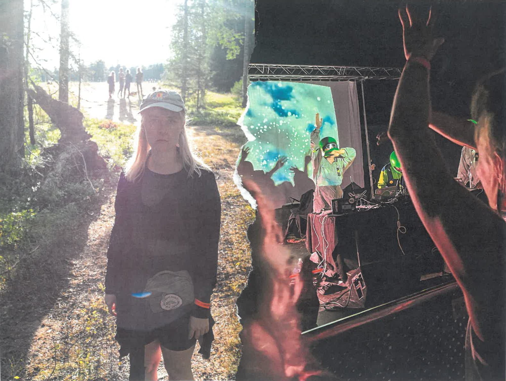 Kaksiosainen kuva. Henkilö seisoo metsäpolulla. Aurinko paistaa takaa. Toisessa kuvassa yhtye esiintyy värivalojen loisteessa.