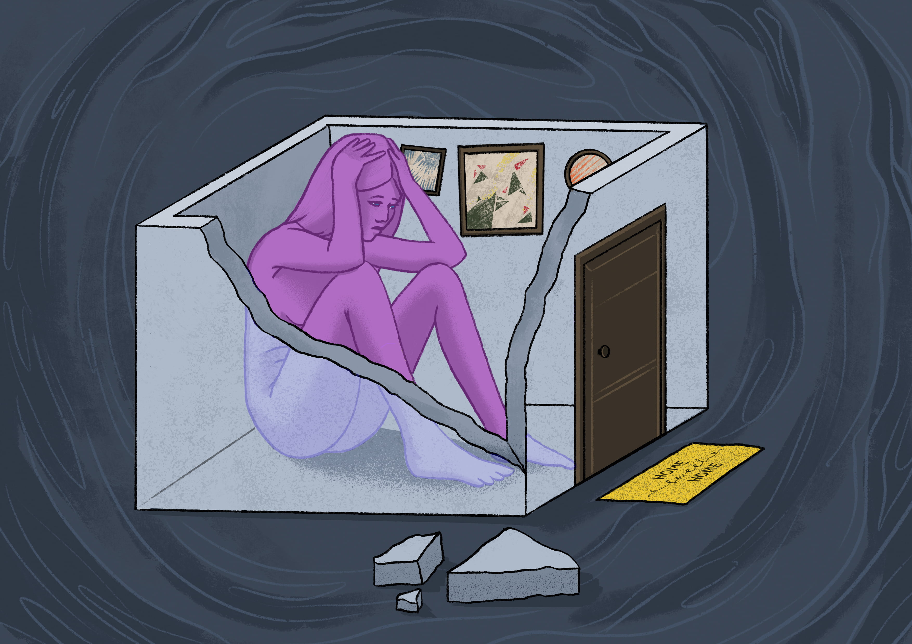 Kuvituksessa ahdistunut nainen kyyryssä pienen kodin sisällä.