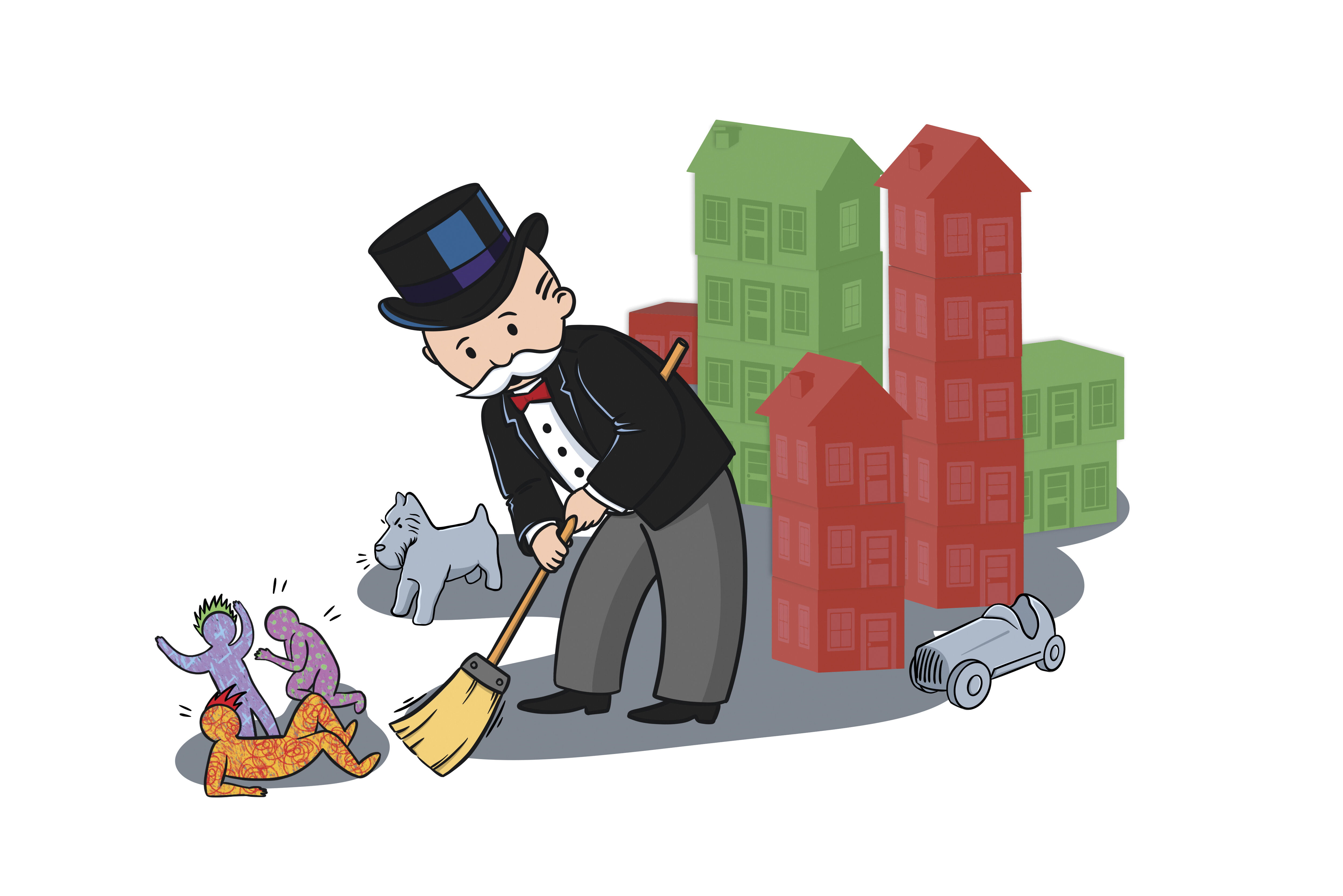 Monopoly-henkisessä kuvituksessa herra lakaisee ihmisiä pois kaupungilta.