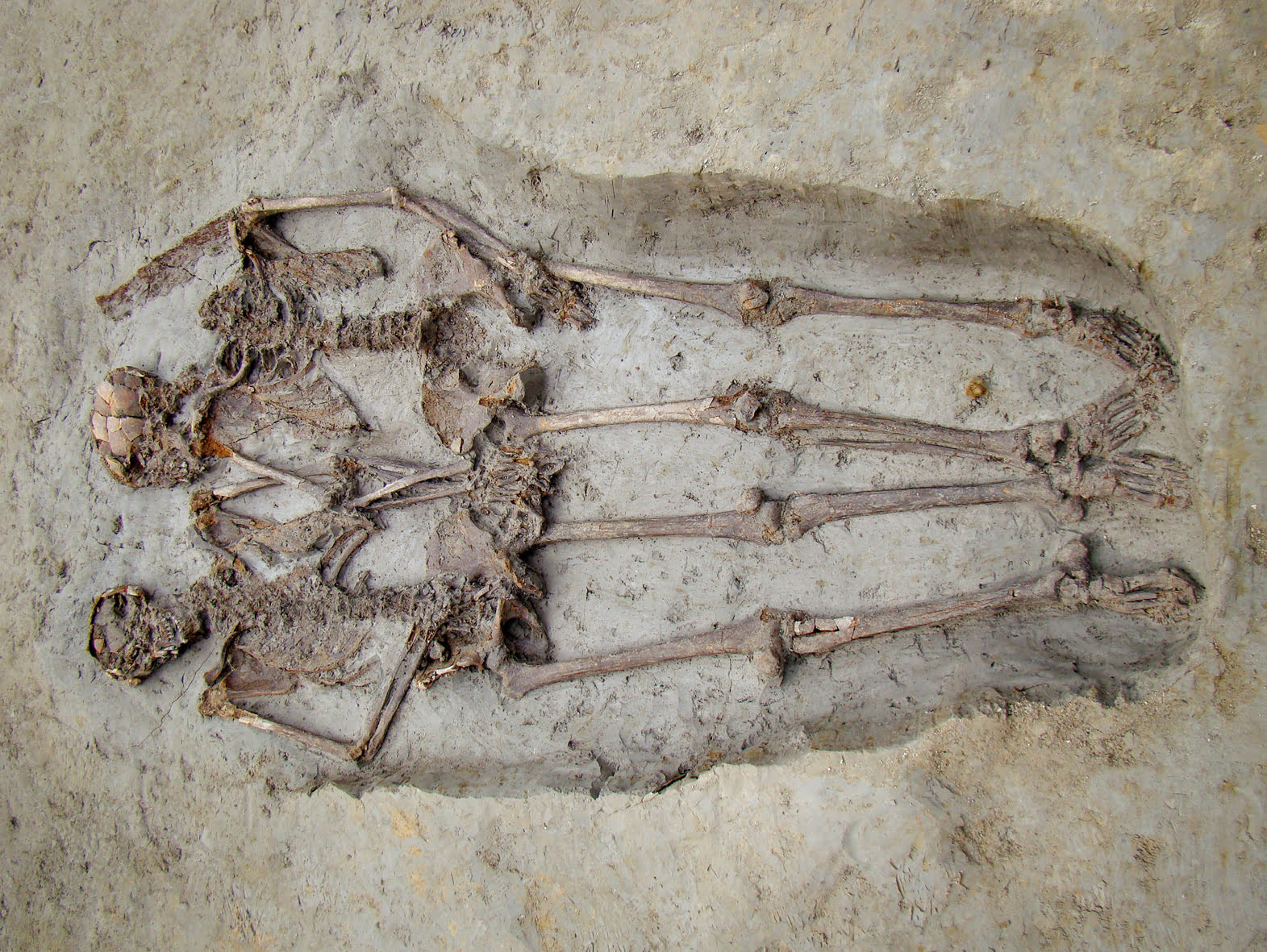 Kaksi luurankoa pitää toisiaan kädestä haudassa