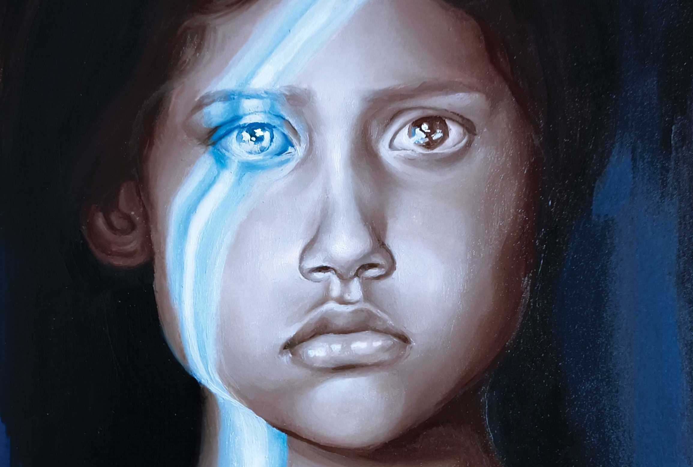 Maalaus nuoresta henkilöstä jonka kasvoihin osuu sininen valo