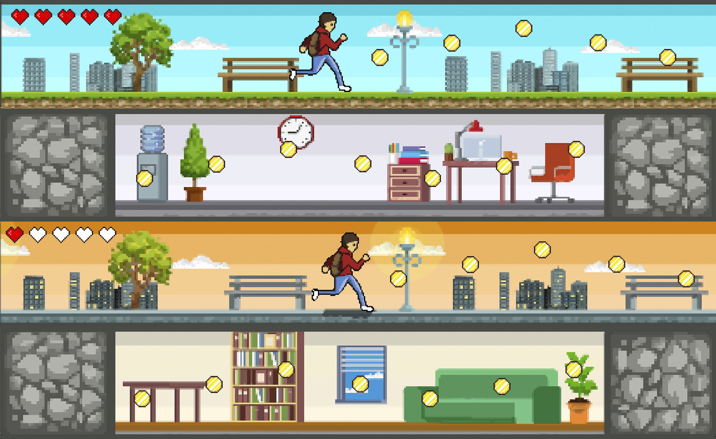 Kuvitus kuvitteellisesta tasohyppelypelistä jossa henkilö juoksee arjen keskellä.