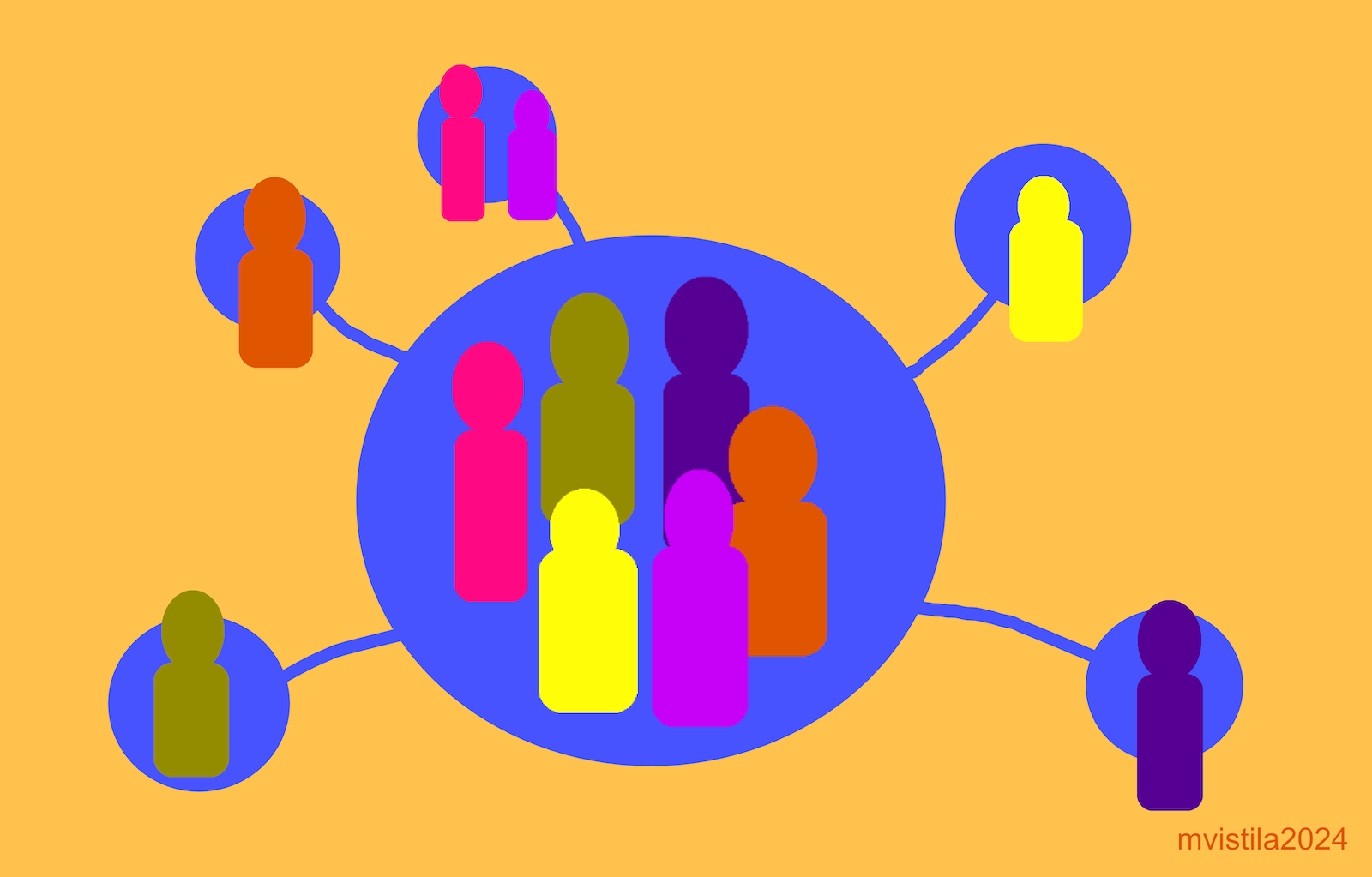 Kuvituskuva jossa eri ihmisiä kuvaavat palikat ovat yhteydessä toisiinsa