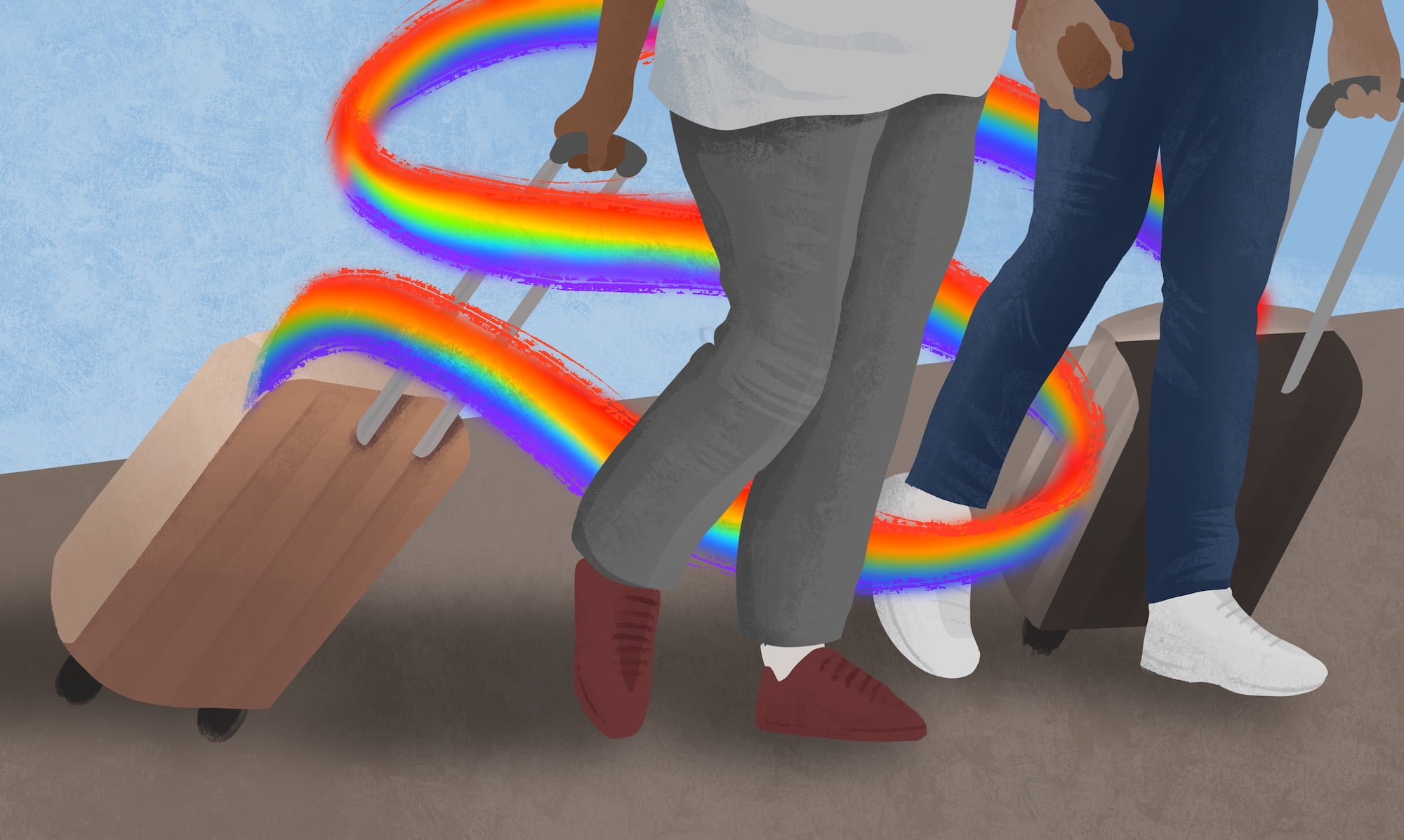 kuvituskuva kahdesta henkilöstä jotka vetävät matkalaukkuja