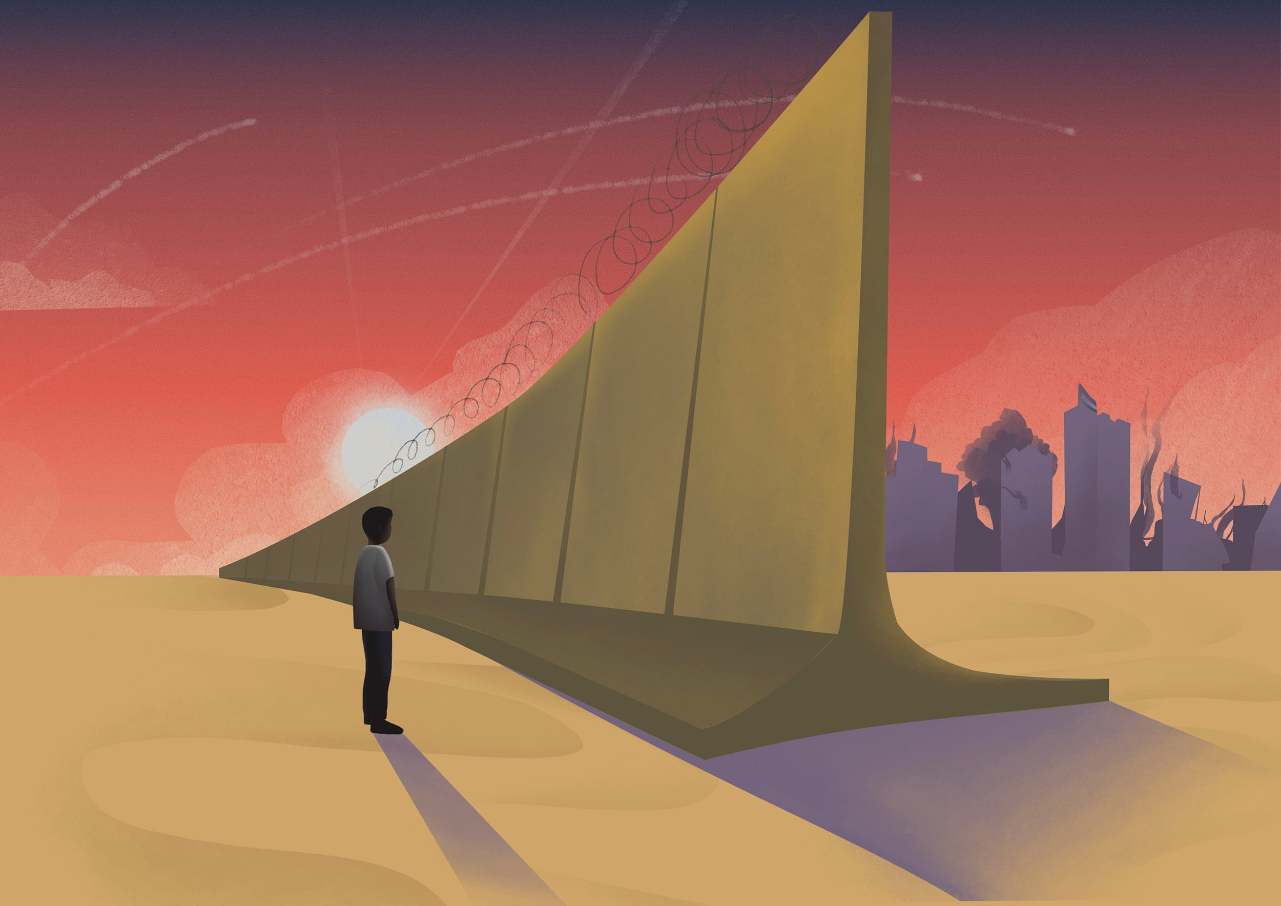 Piirroskuvassa tummaihoinen lapsihahmo seisoo muurin toisella puolella. Toisella puolella savuavat kaupungin rauniot. Aurinko nousee muurin takaa.