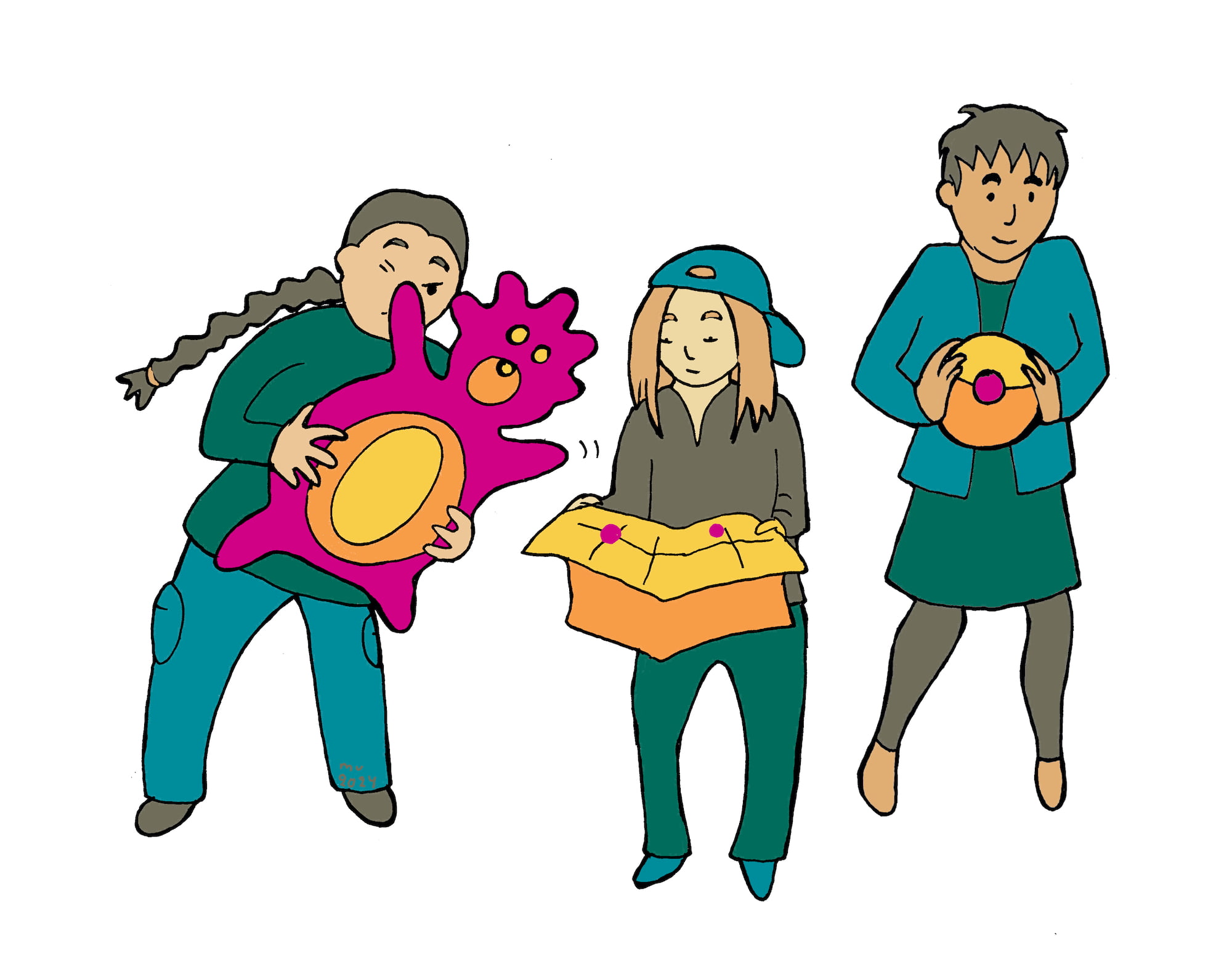 kuvituskuva kolmesta henkilöstä joista yhdellä on kädessään kartta, yhdellä pokemon ja yhdellä pokepallo.