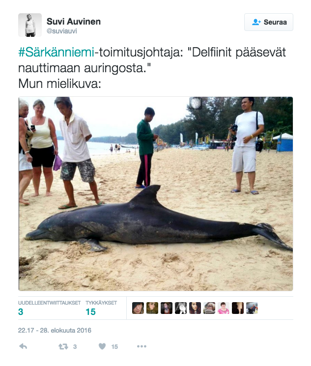 Jälleen kerran sosiaalinen media osoitti, että mediasulut eivät toimi kuin Kekkosen aikoina. Oheinen Suvi Auvisen twiitti on yksi loputtoman monesta aiheeseen liittyvästä. Oikeutta Eläimille ja Animalia-järjestöt seurasivat tapahtumia vimmaisesti ja homma ei mennyt huvipuiston kannalta ollenkaan kuin Strömsössä. 