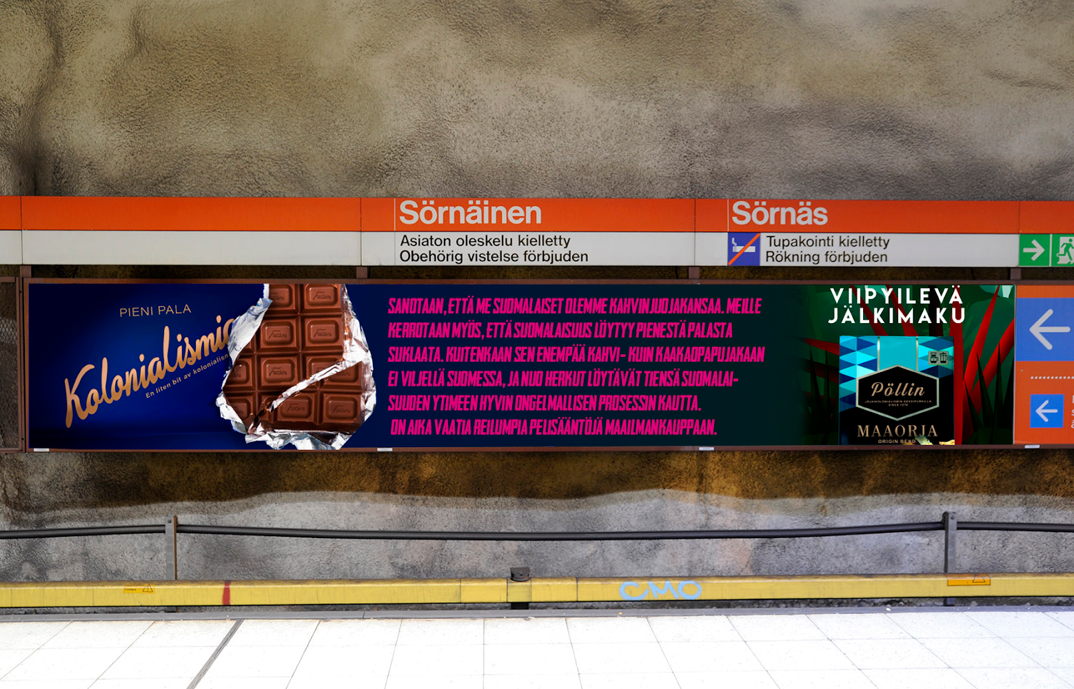 Häiriköt-päämaja esimerkiksi näkisi metroasemat kernaasti näin. Jotta ihmisten järkytys mainosten vaihtumisesta taiteeksi ei olisi liiallinen, voisimme hyödyntää mainonnan muotokieltä.