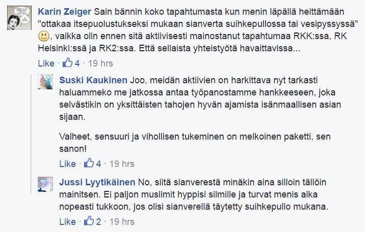 Keskustelua aiheesta on käyty myös Rajat Kiinni! -ryhmän internetissä. Kannattaa kuitenkin huomata, että kyseessä ei ole rasistinen ryhmä. Kuvakaappauksesta kiitokset Kaasuputkelle.