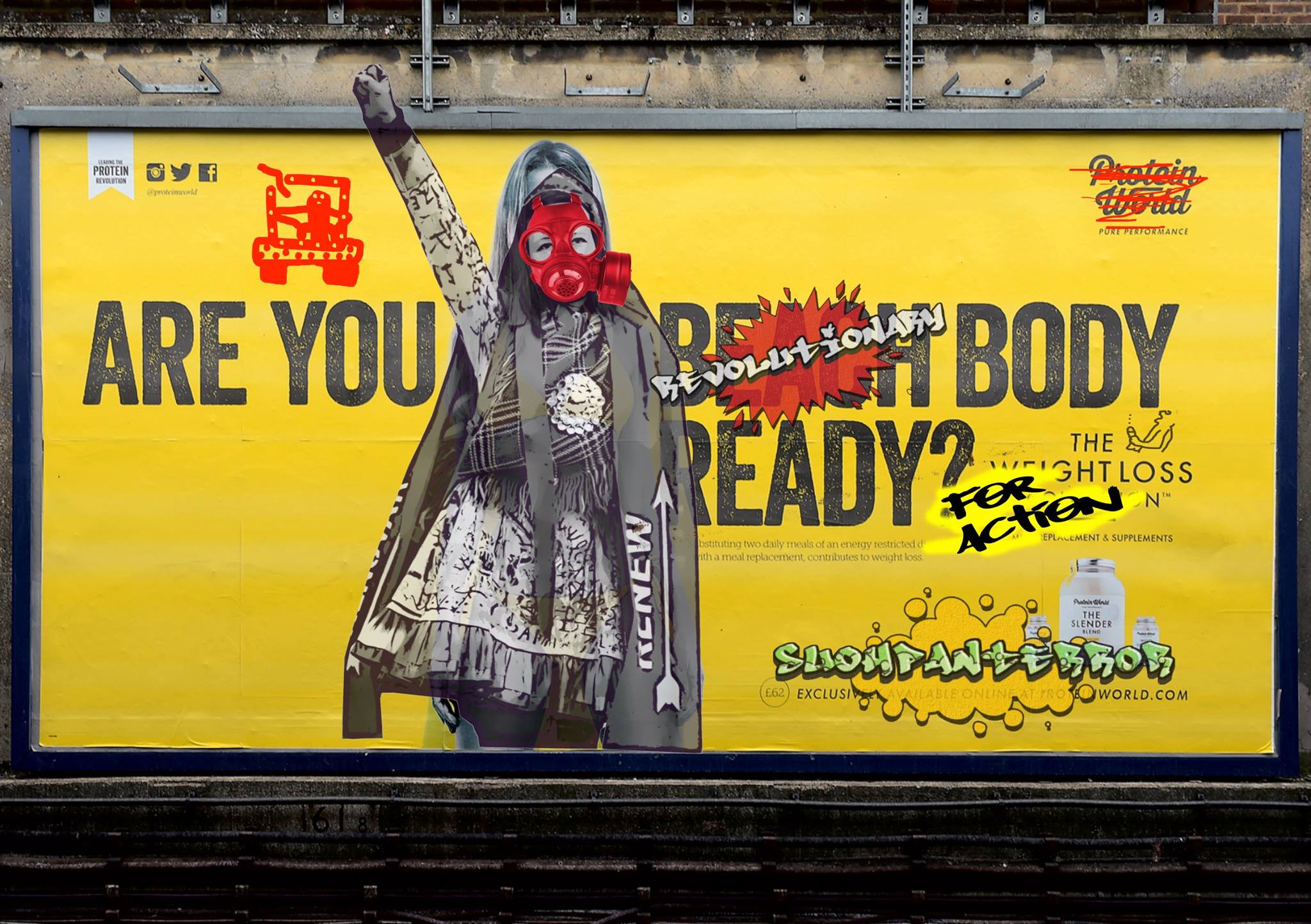 Suohpanterror lainasi tämän teoksen pohjaksi kohua Lontoon metrossa herättäneen Protein Worldin mainoksen. Paheksuttu mainos kysyi: "Are You Beach Body Ready?" Suohpanterror vaihtoi viestin ja mallin. Lisää alkuperäisestä mainoksesta, joka osaltaan siivitti seksististen mainosten kieltoon Lontoon metroissa: http://hairikot.voima.fi/blogi/rantakunto-ja-paremmat-mainokset-nytten/