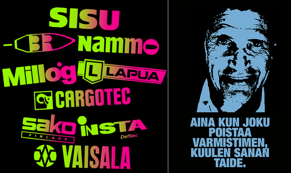 Minä ja Leinonen (vasemmalla) emme ole suinkaan ainoita, jotka ovat tarkastelleet suomalaista asekauppaa taiteen keinoin. Otso Kantokorven teos [http://uusi.voima.fi/blogikirjoitus/2015/aseet-taiteeksi-ja-taide-aseeksi/] (oikealla) muistuttaa meitä siitä, että Suomen rikkaimmaksi kansalaiseksi tituleerattu Chaim Zabludowicz on rikastunut juurikin asekaupalla.