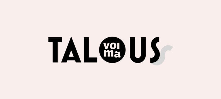 Voima-talous-logo: Talous-tekstin O-kirjaimen sisällä teksti "Voima".