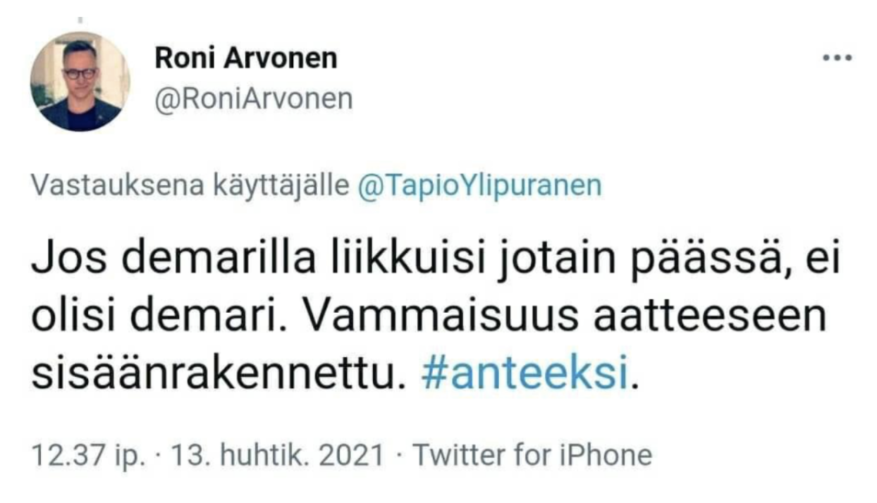Näyttökuva Roni Arvosen twiitistä.