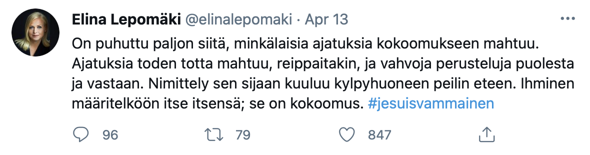 Näyttökuva Elina Lepomäen twiitistä.