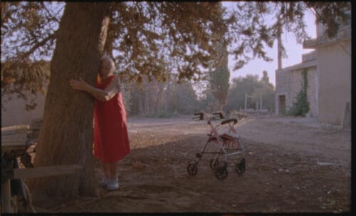 Perhejännitteet ryöpsähtävät pintaan Docpoint-festivaaleilla Sinna halaa puuta. Vierellä näkyy hänen kävelytelineensä